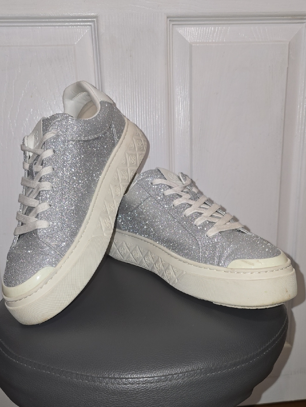 Tory Burch Ladybug 11 Silver Glitter Platform Sneakers Monogram Designer Shoes